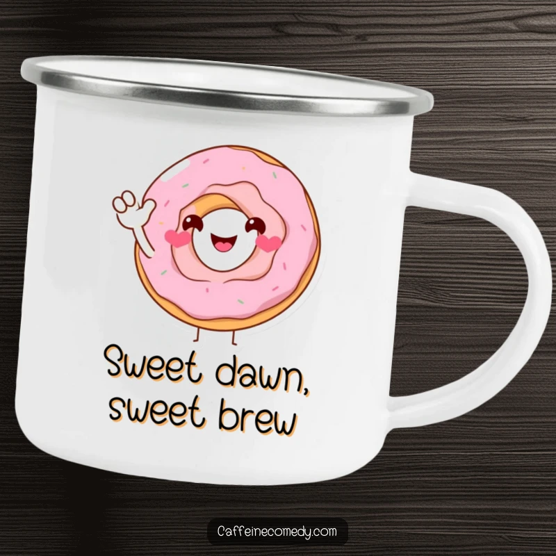Funny Donut Camping Mug: A durable mug showcasing a smiling donut character offering a sugary wave, ideal for outdoor adventures and humorous sips.