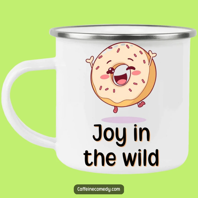 Funny Donut Leap Camping Mug: Delighted Sprinkled Character for Outdoor Fun