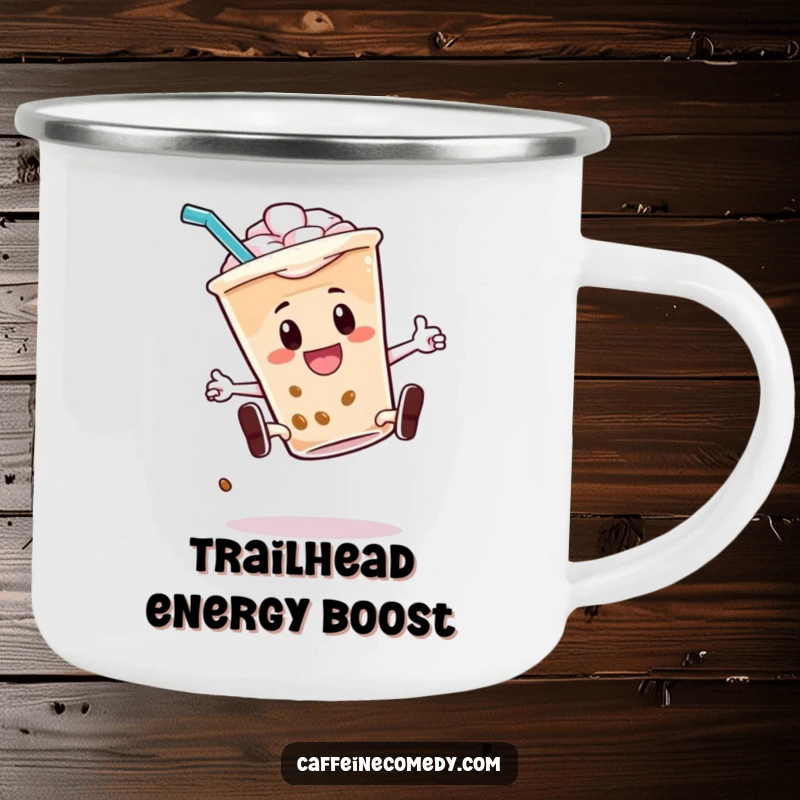 Funny camping mug featuring an energetic iced coffee character doing a kickflip with its straw, ready for outdoor adventures.