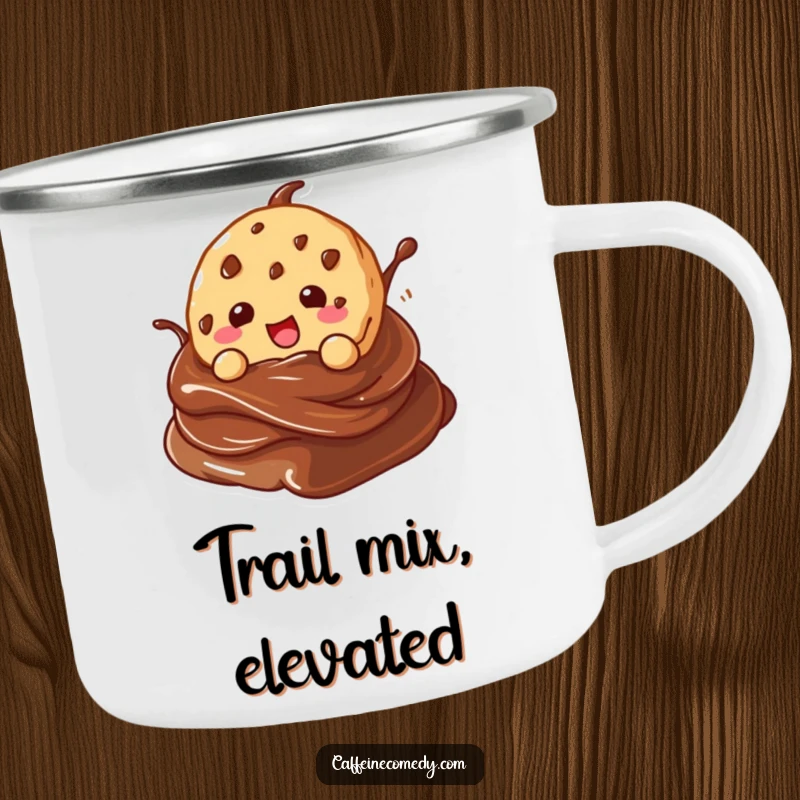 Funny kawaii cookie character gleefully diving into a chocolate swirl, on a durable camping mug for outdoor fun.