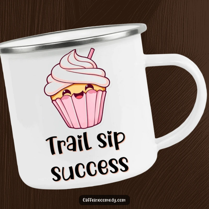 Funny kawaii cupcake sipping, enamel camping mug, durable and portable, sweet and humorous outdoor gear, dessert lover gift.