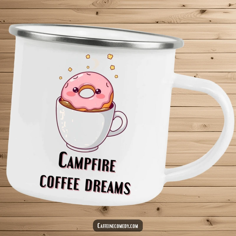 Funny kawaii doughnut floating in coffee, enamel camping mug, durable and portable, sweet and humorous outdoor gear, dessert lover gift.