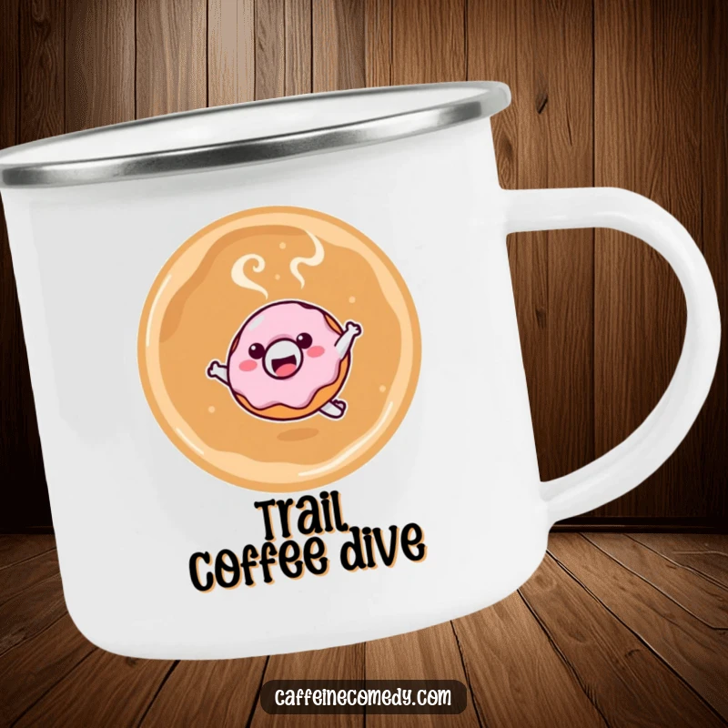 Funny camping mug with a smiling kawaii donut character leaping into a latte, ideal for outdoor enjoyment and a sweet funny gift.