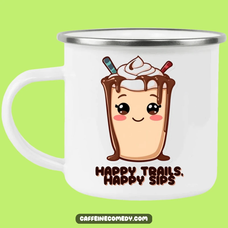 Funny Mocha Camping Mug: Cheerful Smiley Character for Outdoor Sips