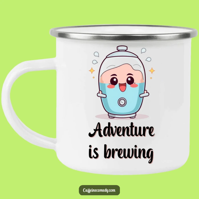Funny Percolator Camping Mug: Excited Bubbling Character for Outdoor Brews