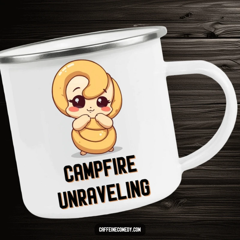 Funny pretzel camping mug showing a pretzel character comically unraveling, ready for outdoor adventures and contemplation.