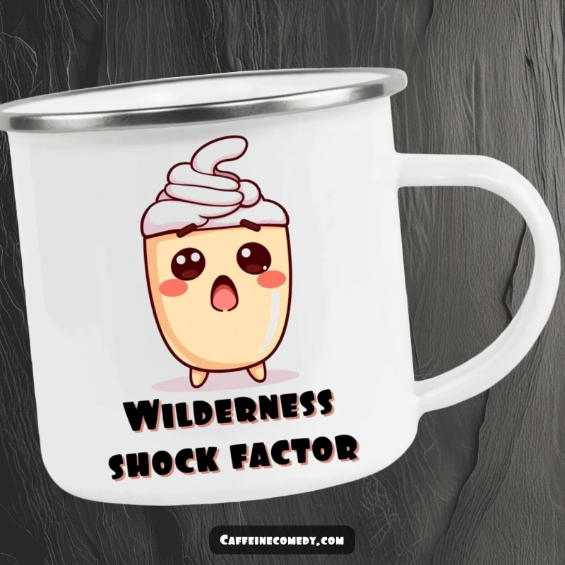 Funny camping mug featuring a surprised latte character, perfect for outdoor adventures and enjoying hot drinks with a humorous shock.