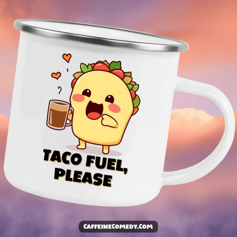 Funny taco character enthusiastically toasting a coffee cup, durable enamel camping mug for cheerful outdoor coffee moments.
