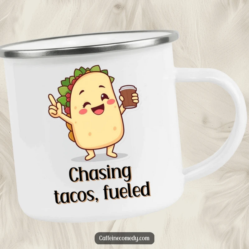 Funny smiling taco character doing a victory dance, holding a coffee cup, ready for adventure on this camping mug.