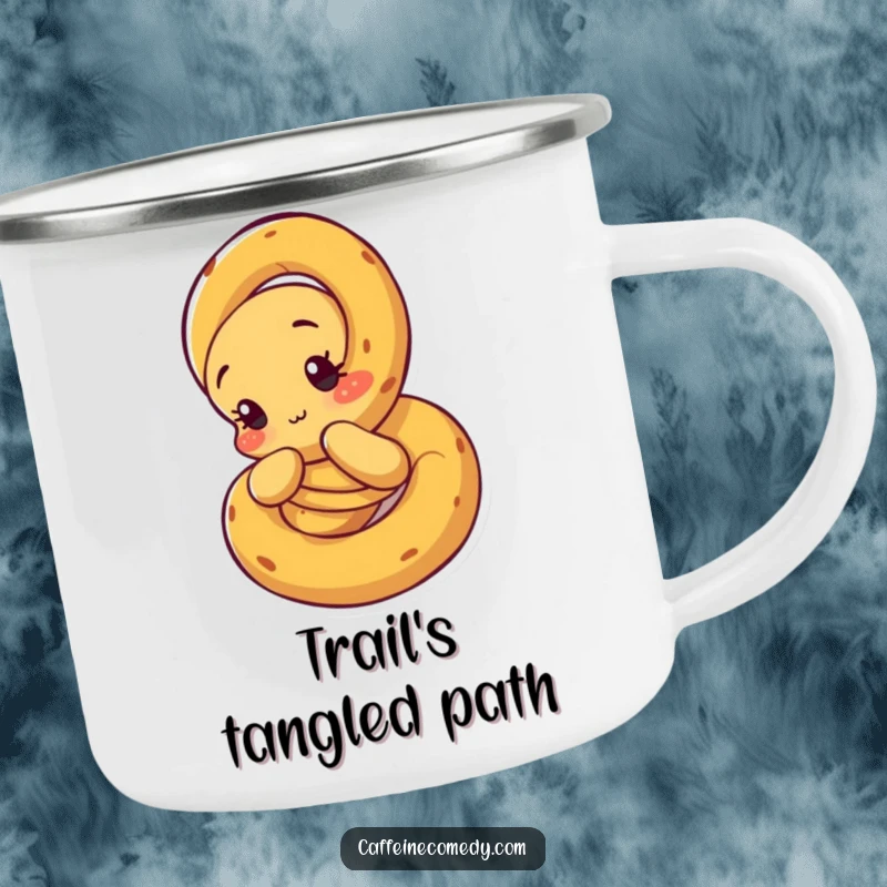 Funny Pretzel Camping Mug: A curious pretzel character unraveling itself outdoors, blending adventure with humor.