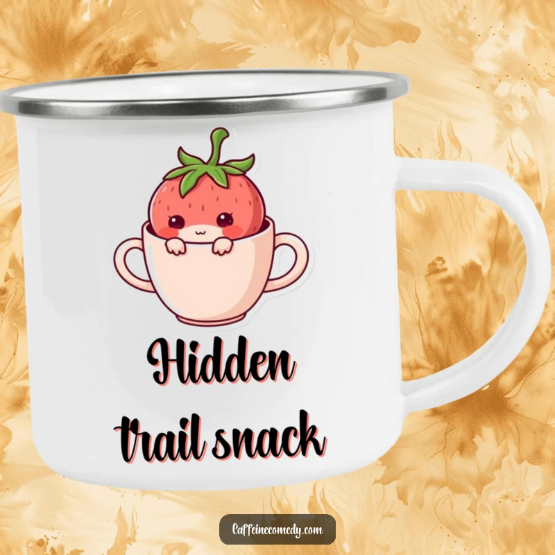 Funny Kawaii Strawberry Hiding Camping Mug: A mischievous strawberry peeking from a mug, perfect for outdoor drinks with humor.