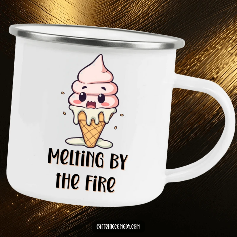 Funny Kawaii Ice Cream Melting Camping Mug: A surprised ice cream cone melts dramatically, perfect for outdoor drinks with humor.