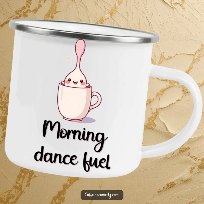 Funny kawaii stirring spoon character dancing joyfully inside a mug, depicted on a sturdy enamel camping mug for outdoor enthusiasts.