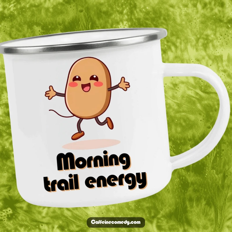 Funny kawaii coffee bean jumping rope, enamel camping mug, durable and portable, humorous outdoor gear, coffee lover gift.