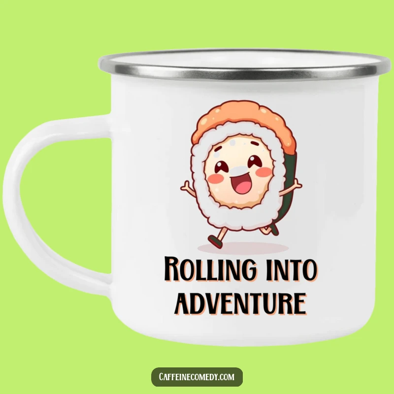 Funny Sushi Roll Camping Mug: Cheerful Rolling Character for Outdoor Humor