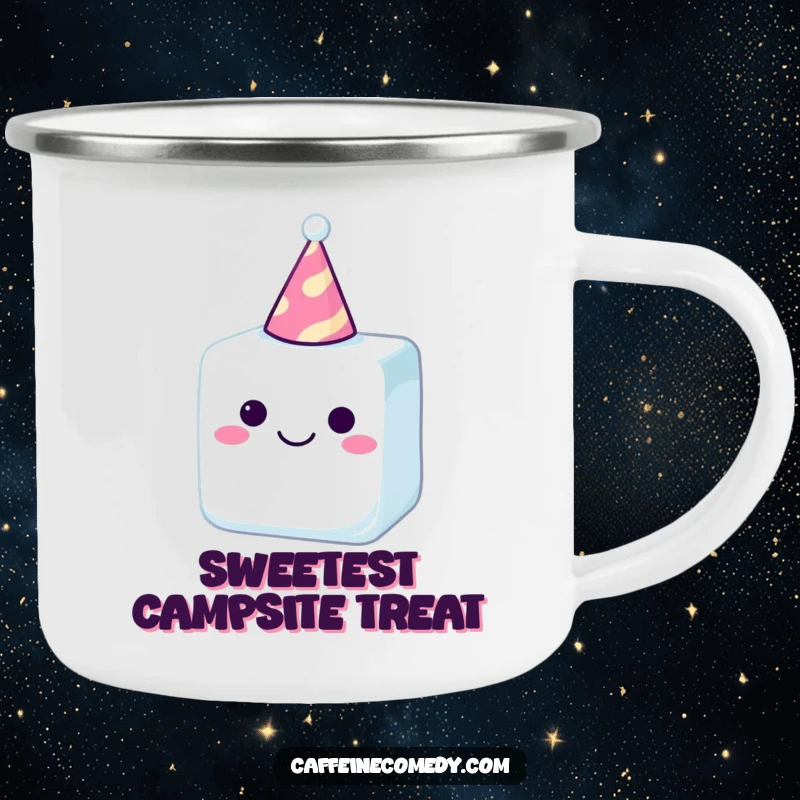 Funny sugar cube with a party hat, ready for adventure, on a rugged camping mug, bringing smiles outdoors.