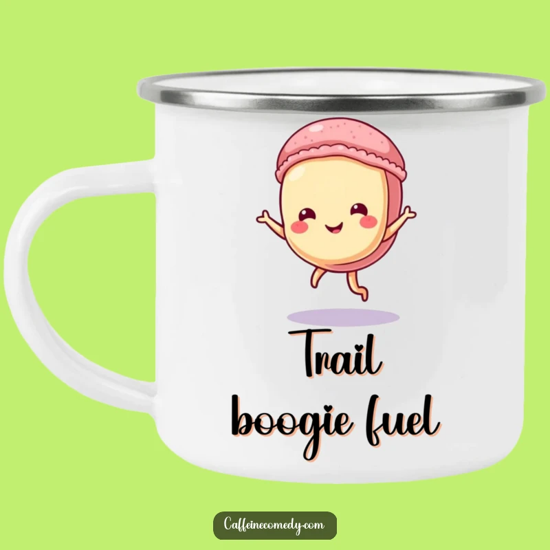 Funny Dancing Macaron Camping Mug: Playful Pastry Character Doing a Tiny Dance, Outdoor Gift