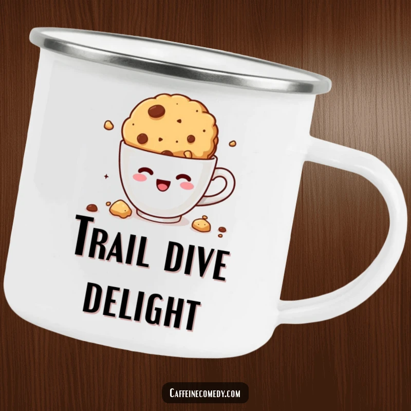 Funny kawaii cookie diving into coffee, enamel camping mug, durable and portable, crumbly and humorous outdoor gear, dessert lover gift.