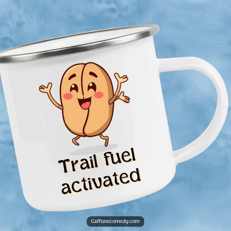 Funny Coffee Bean Camping Mug: A sturdy mug featuring an energetic coffee bean doing jumping jacks, perfect for enjoying hot beverages outdoors.