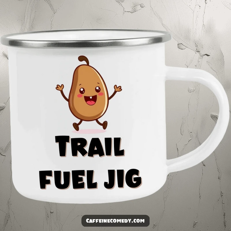 Funny camping mug featuring a grinning coffee bean character doing a lively jig. Perfect for coffee lovers on the go.
