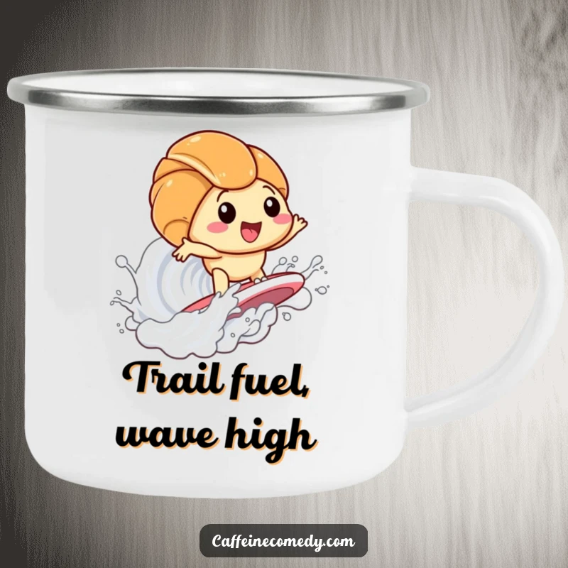 Funny Kawaii Croissant Surfing Milk Camping Mug: Sturdy mug featuring a croissant surfing a milk wave, perfect for outdoor adventures and humor. A rugged funny gift.