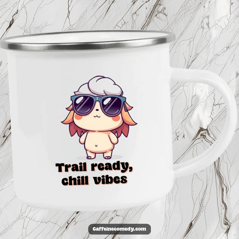 Funny camping mug featuring a cool cold brew character in tiny sunglasses, perfect for outdoor sipping with a relaxed vibe.