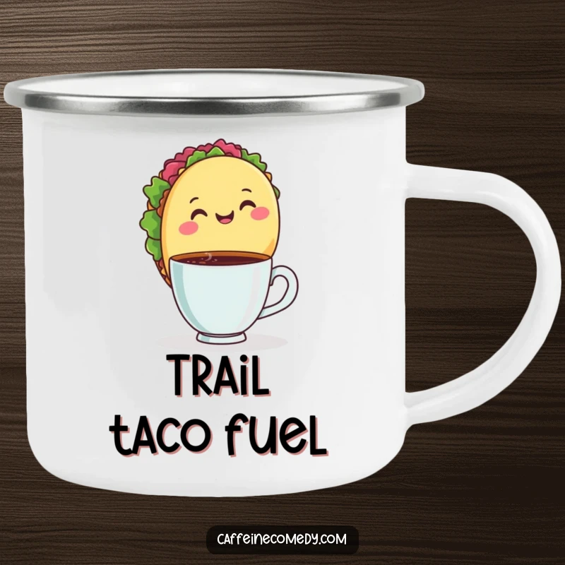 Funny camping mug with a cheerful taco holding a coffee cup, perfect for enjoying beverages during outdoor adventures with humor.