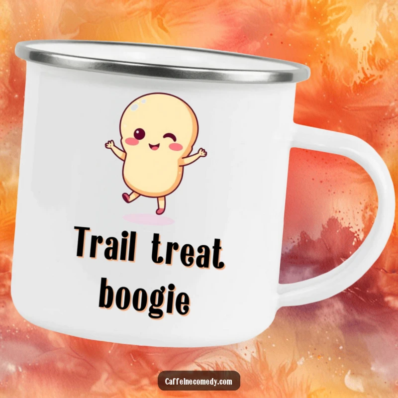 Funny macaron camping mug showing a happy macaron character dancing around a campfire, ready for outdoor fun.