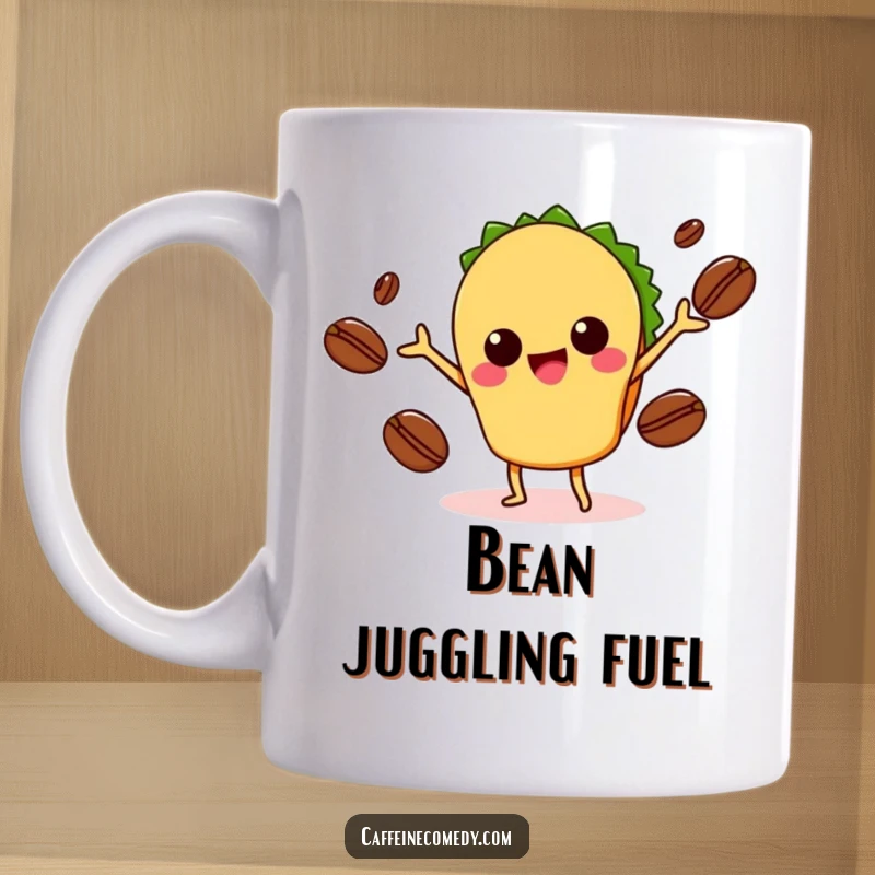 Funny Kawaii Taco Juggling Coffee Mug: Cute taco character happily juggling coffee beans, bringing energy and humor to your morning routine. A delightful funny gift.