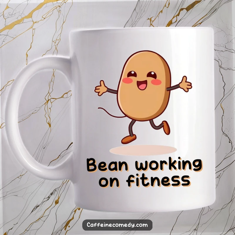 Funny kawaii coffee bean with legs joyfully jumping rope, leaving a steam trail, on a mug, perfect for coffee lovers.
