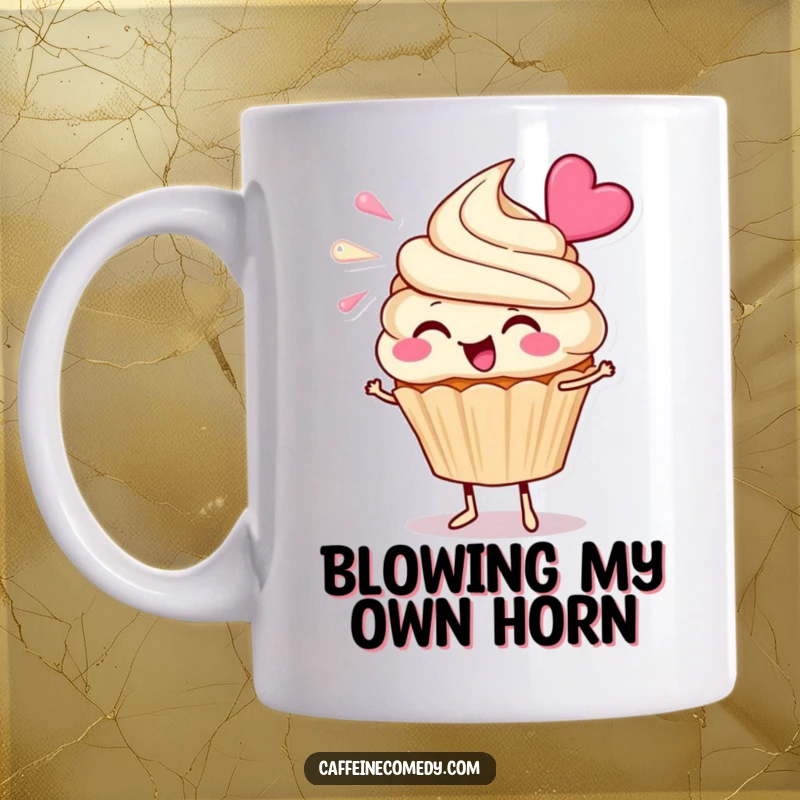 Funny Cupcake Mug: A cheerful cupcake character enthusiastically blowing a cloud of frosting with a happy expression.