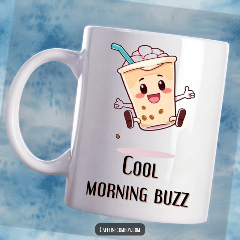 Funny mug depicting an energetic iced coffee character performing a stylish kickflip with its straw, embodying cool vibes.