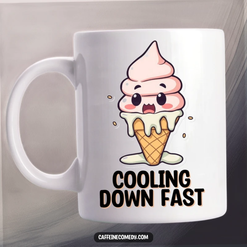 Funny Kawaii Ice Cream Melting Mug: A surprised ice cream cone dramatically melting, perfect for a humorous morning coffee.