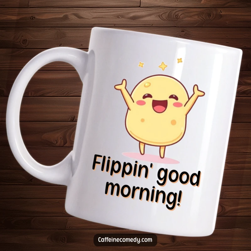 Funny Kawaii Pancake Mug: A cheerful pancake character joyfully flipping itself mid-air, ready for a delicious breakfast.