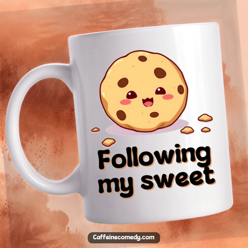 Funny mug illustration of a mischievous cookie making a getaway, leaving a delightful trail of crumbs behind it.