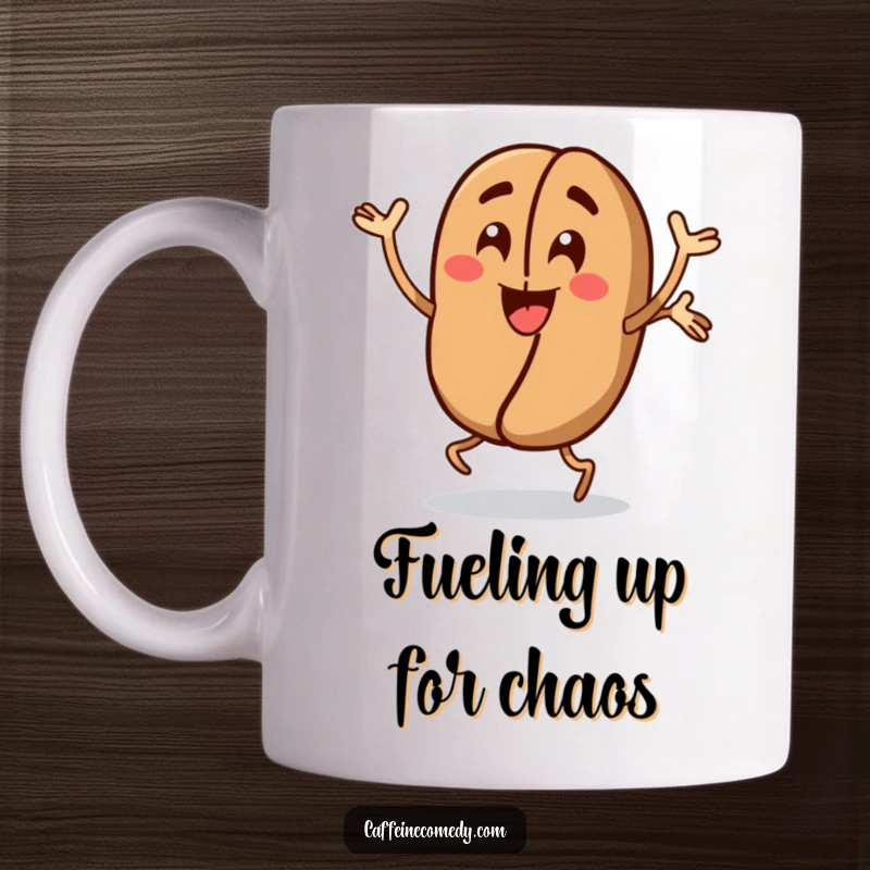 Funny Coffee Bean Mug: An energetic, anthropomorphic coffee bean character enthusiastically performs jumping jacks, symbolizing morning energy and a great coffee gift.