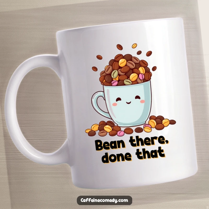 Funny mug illustration of a beaming, happy mug overflowing with a cascade of colorful, aromatic coffee beans, signifying pure delight.