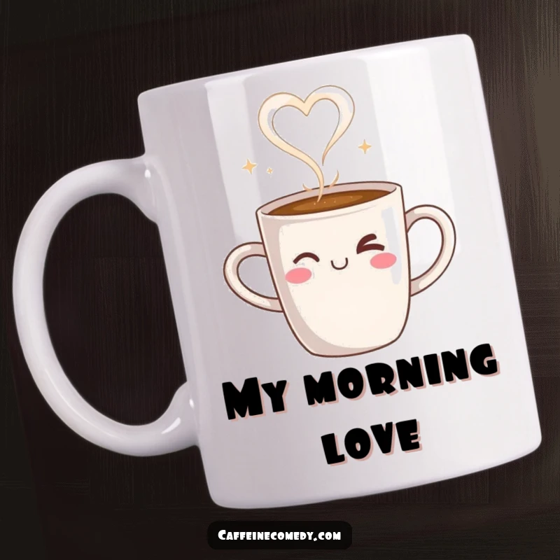 Funny mug depicting a steaming coffee cup character winking, with steam artfully shaped into a heart, symbolizing warm affection.