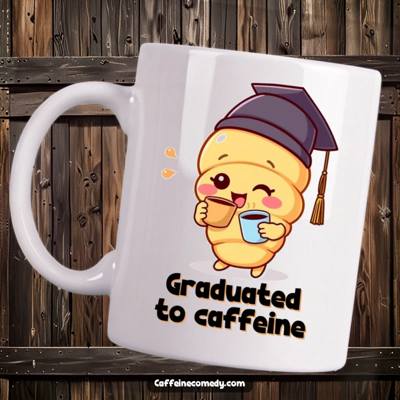 Funny delighted croissant character wearing a tiny graduation cap and sipping coffee, looking proud and accomplished.