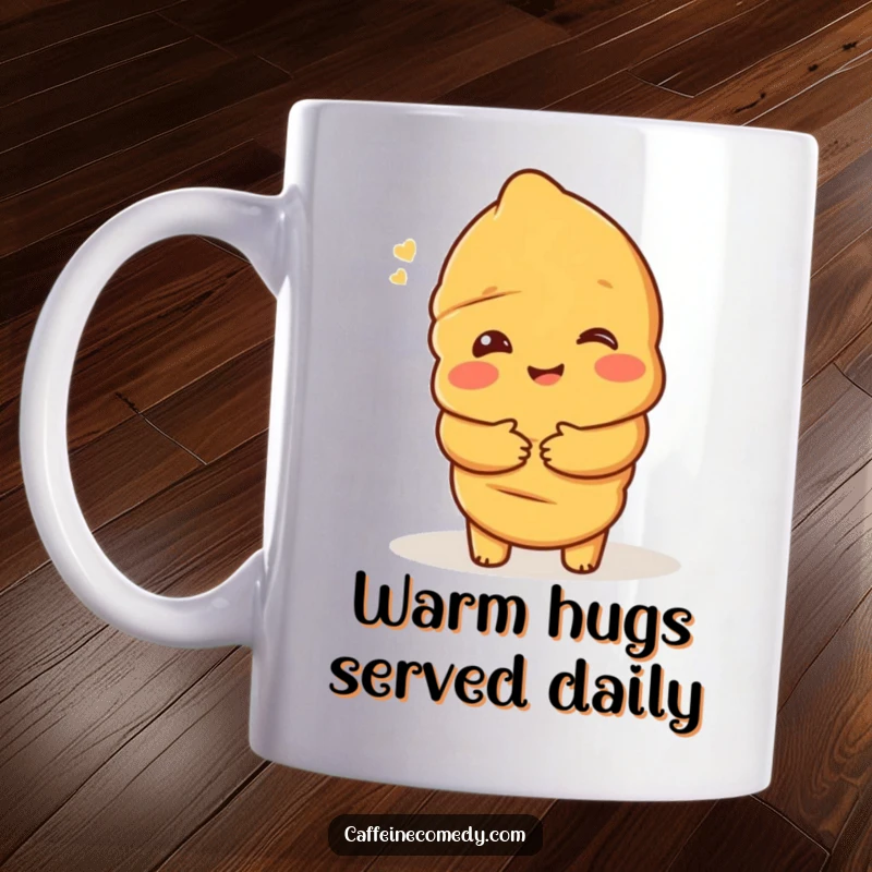 Funny mug featuring a delighted croissant character extending warm, inviting arms for a comforting hug.