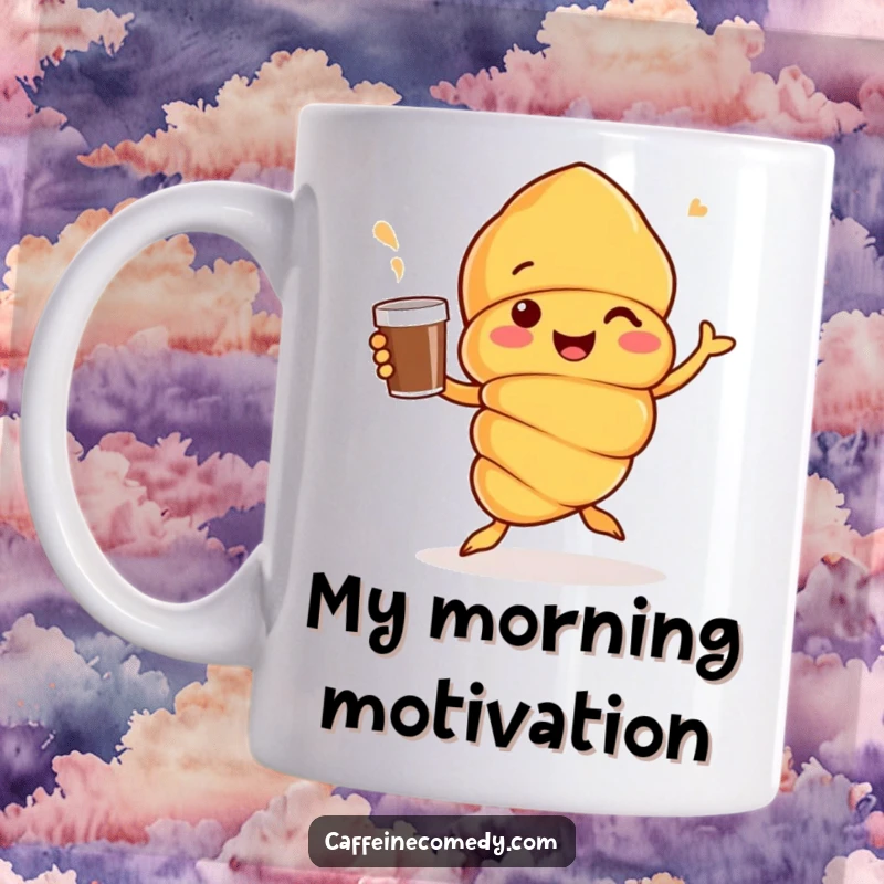 Funny Croissant character doing a joyful jig with a coffee cup, celebrating with energetic dance moves, bright and cheerful.