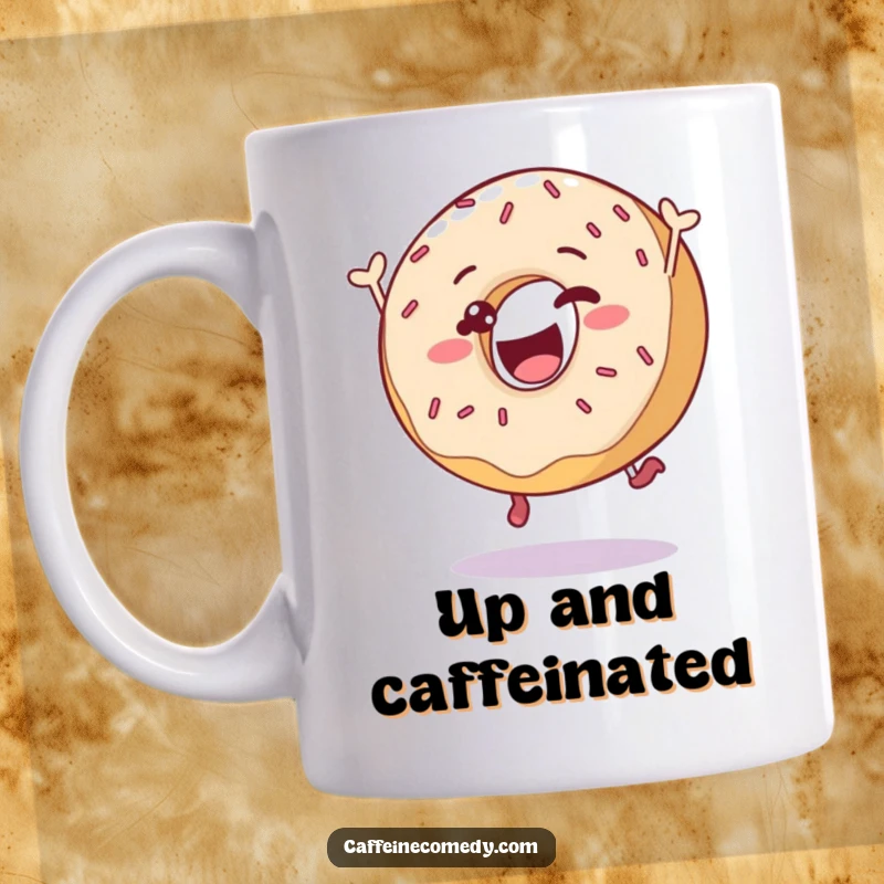 Funny delighted donut character joyfully leaping with sprinkles, depicted on a ceramic mug, bringing sweet humor.
