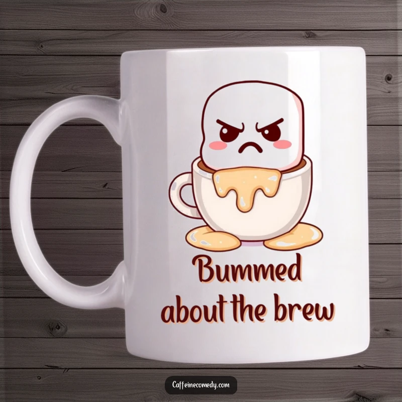 Funny, grumpy kawaii marshmallow sighing as it melts into hot chocolate, depicted on a comforting mug.