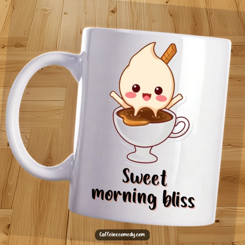 Funny coffee mug featuring a delighted ice cream character happily melting into a hot coffee cup, symbolizing sweet enjoyment.