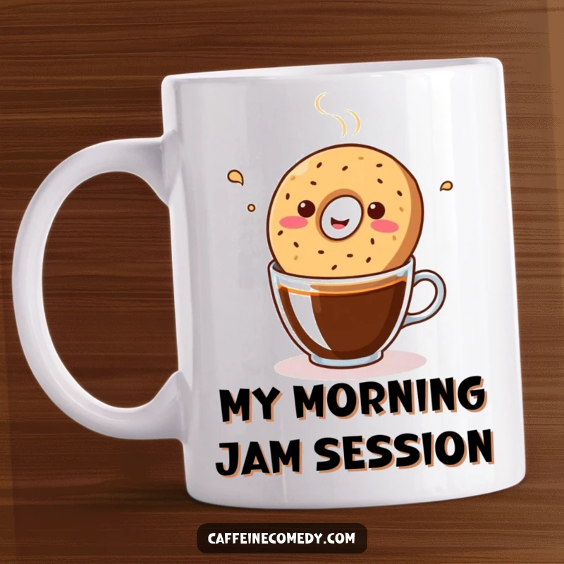 Funny Kawaii Bagel bopping in a coffee mug, radiating joy and rhythm, a perfect cheerful morning gift.
