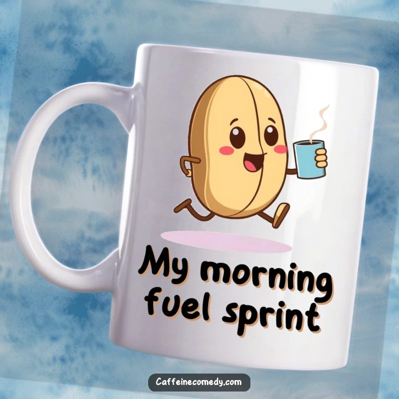 Funny Kawaii coffee bean character excitedly sprinting with a steaming mug, full of energetic motion and pure joy.
