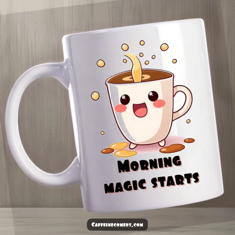 Funny Kawaii coffee cup character mug excitedly pouring bubbly liquid, radiating energy and morning cheer.