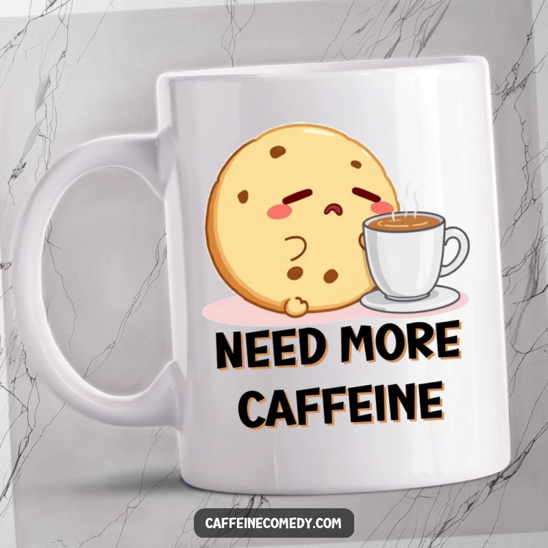 Funny Kawaii Cookie Espresso Mug: A sleepy cookie character yawns next to a steaming espresso, embodying morning grogginess humorously.