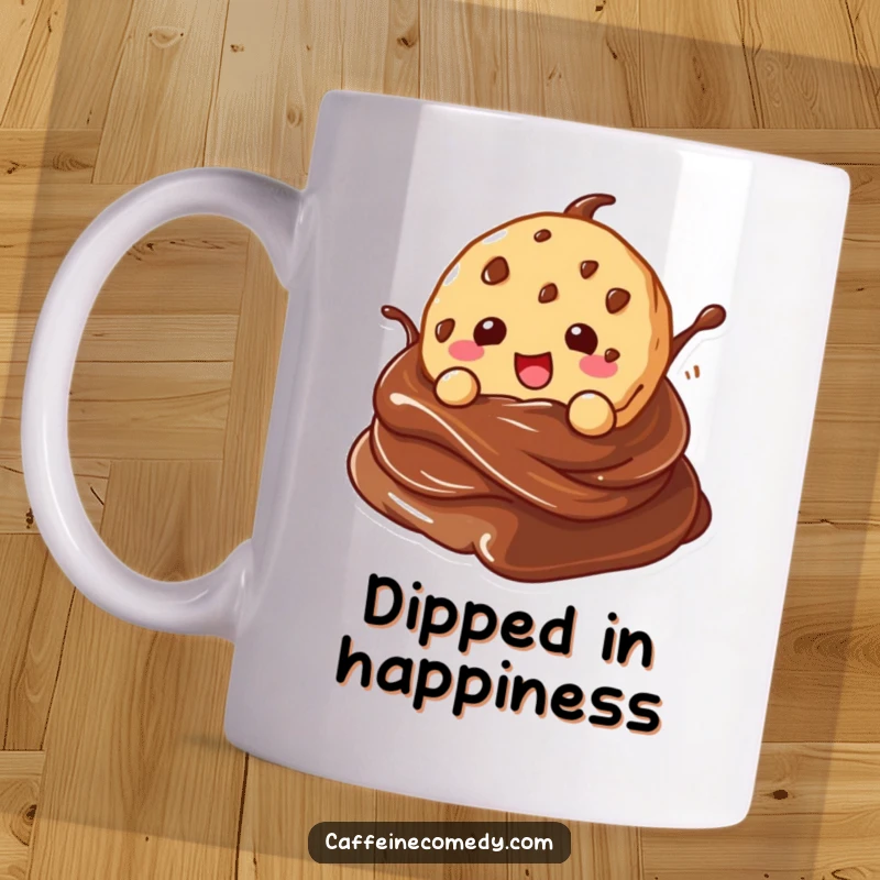Funny kawaii cookie character gleefully diving headfirst into a luscious chocolate swirl on a mug.