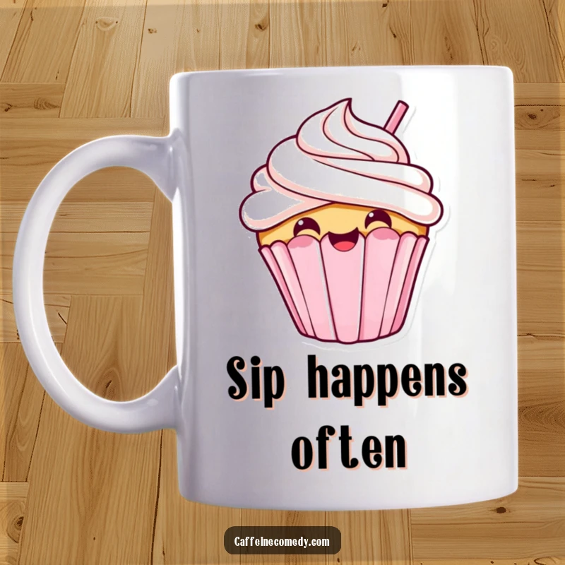 Funny kawaii cupcake with a cheerful grin taking a giant sip, on a mug, perfect for dessert lovers.